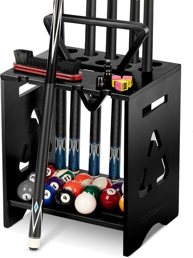EXTCCT Pool Stick Holder Floor Stand - Hardwood Solid Wood Pool Cue Rack for 10 Cues, Billiard Cue Holder with Pool Table Accessory Organizer for Game Room or Home Bar（black） - Image 1